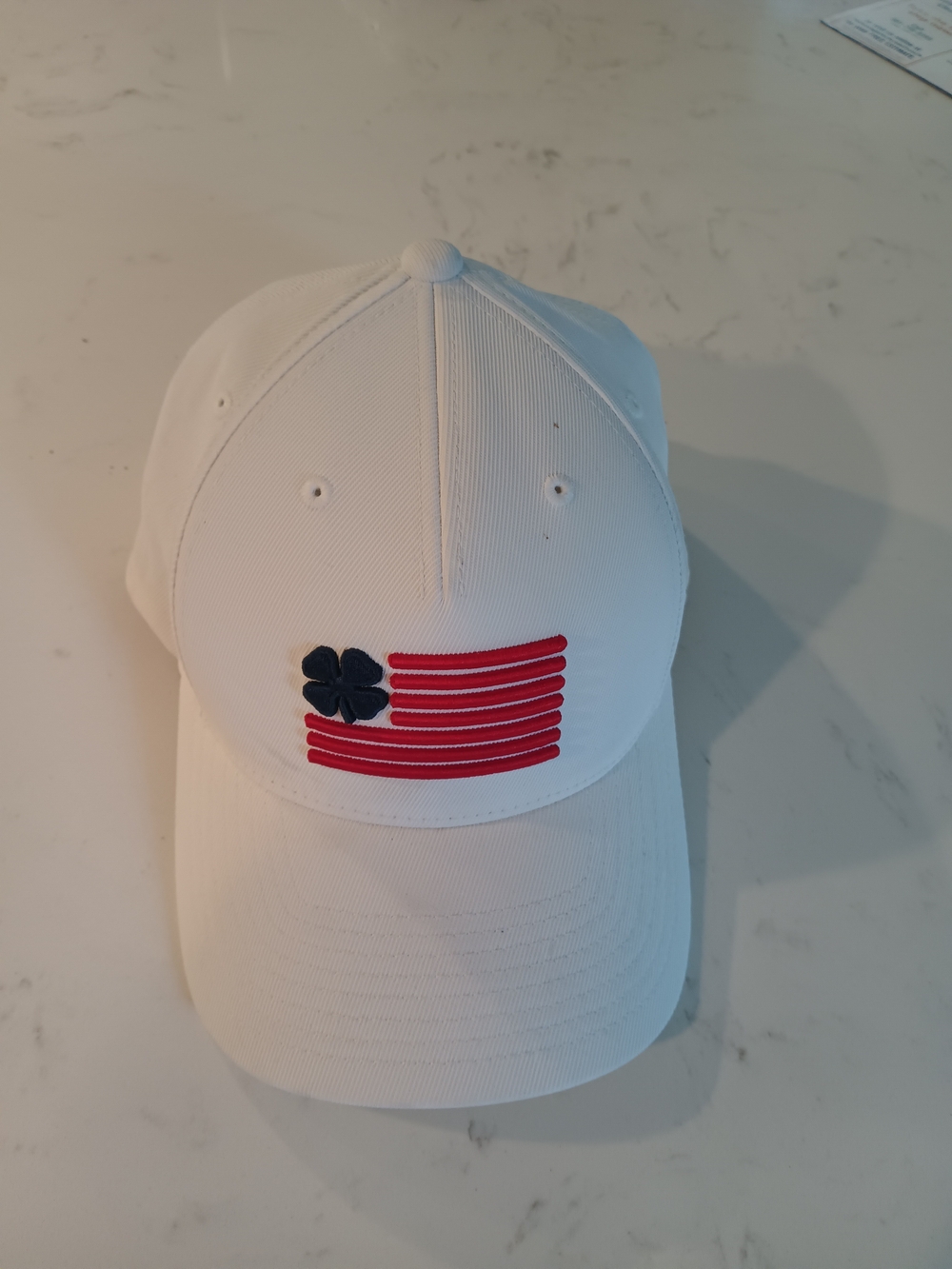 Live Lucky White Golf Cap with Red Stripe Flag and Navy Clover